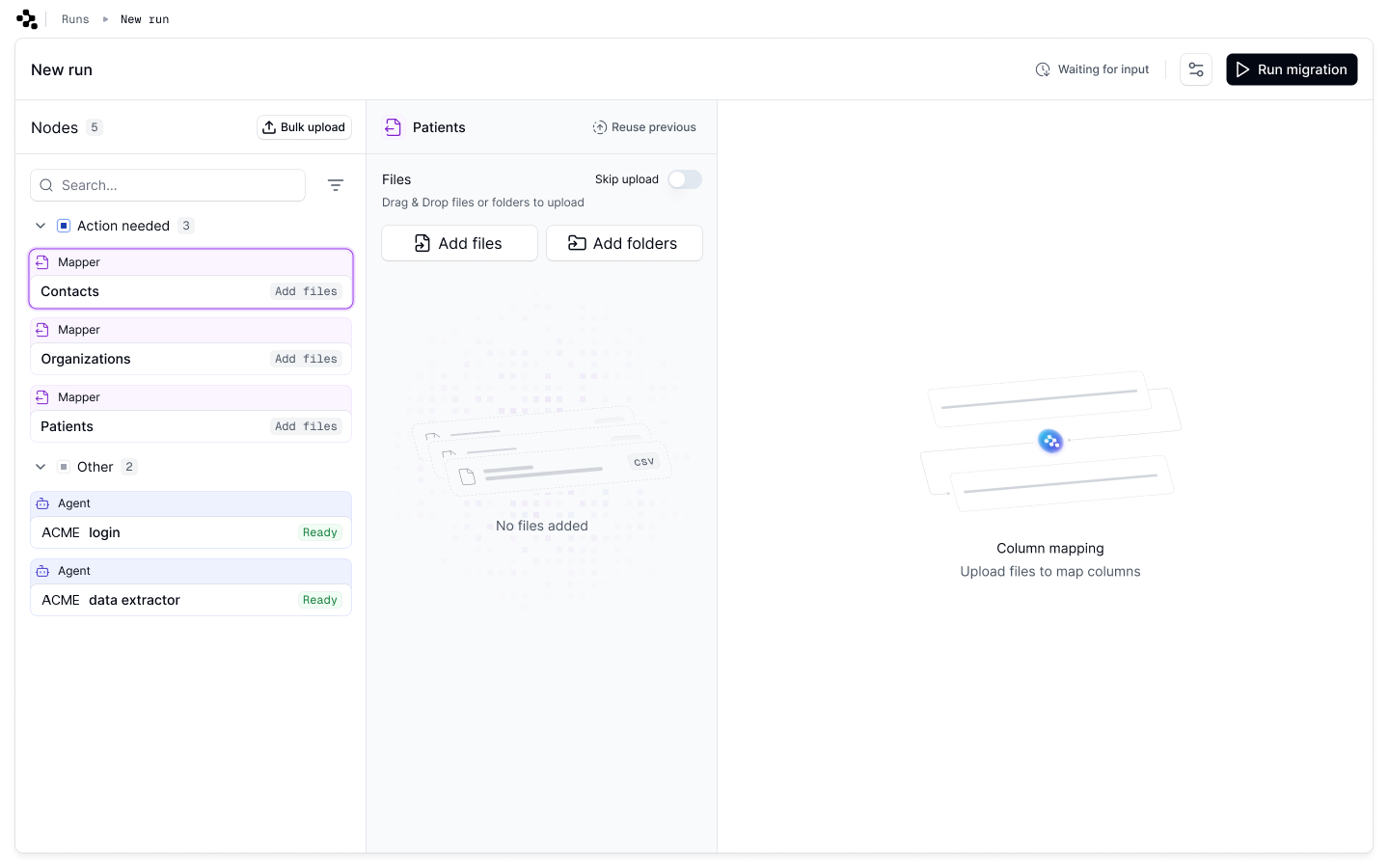 Dynamic Mapper - New run with nodes, file upload, and column mapping